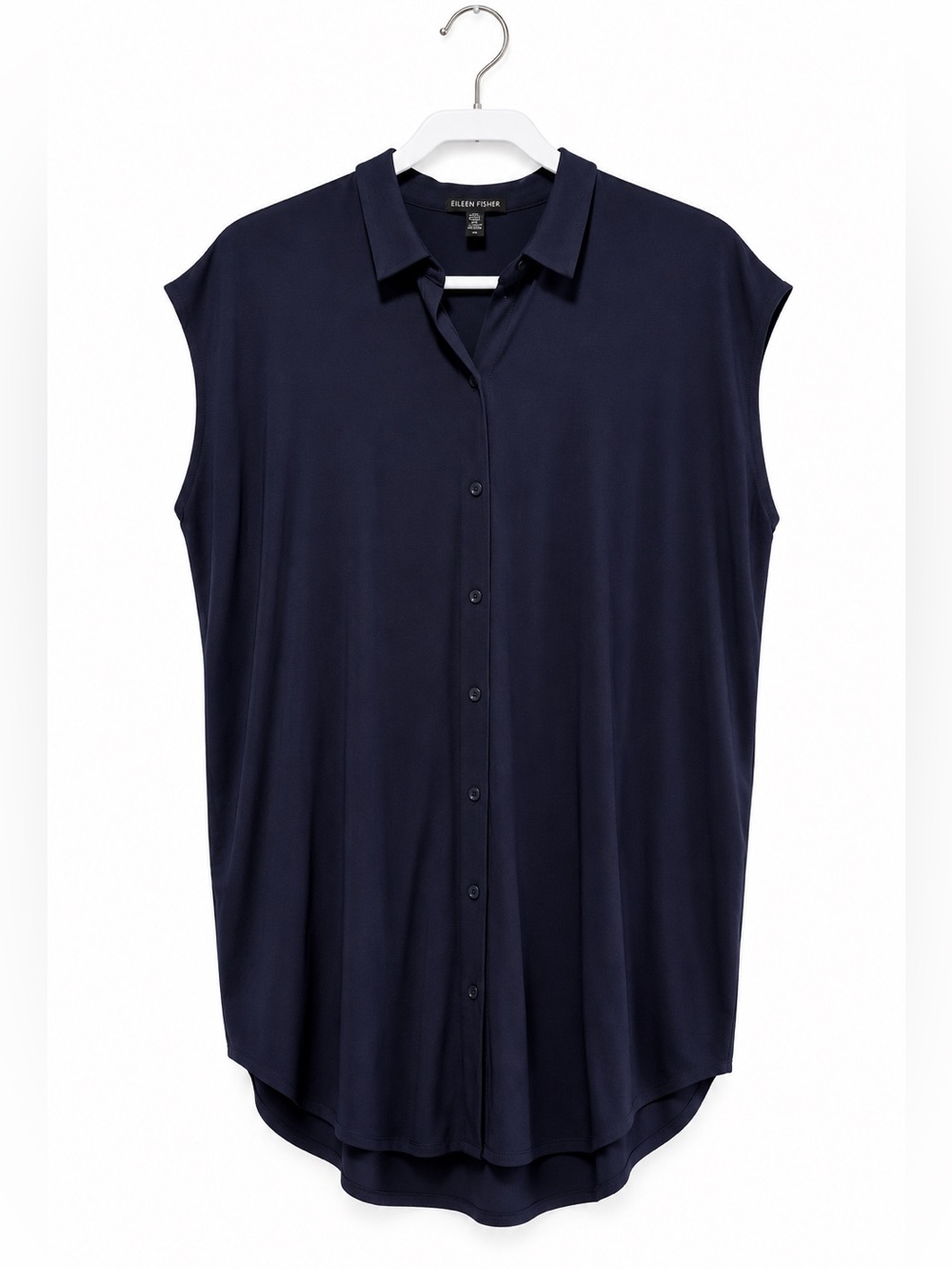 Eileen Fisher Navy Viscose Jersey Button Front Tunic Top L
